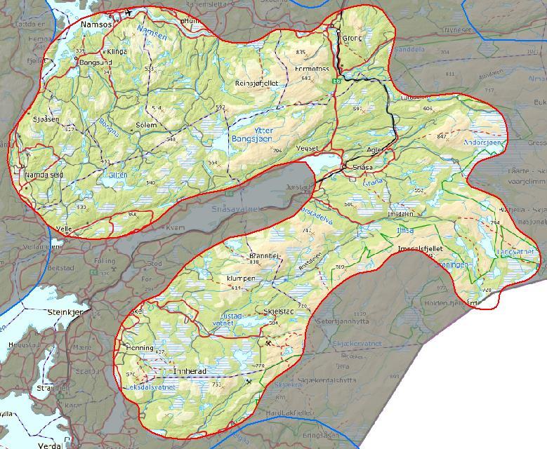 Innledende beskrivelse av området AREAL: 3773 km 2 KOMMUNER: Verdal, Steinkjer, Snåsa, Namdalseid, Namsos, Overhalla, Grong. Området er preget av et kupert åslandskap med skog.