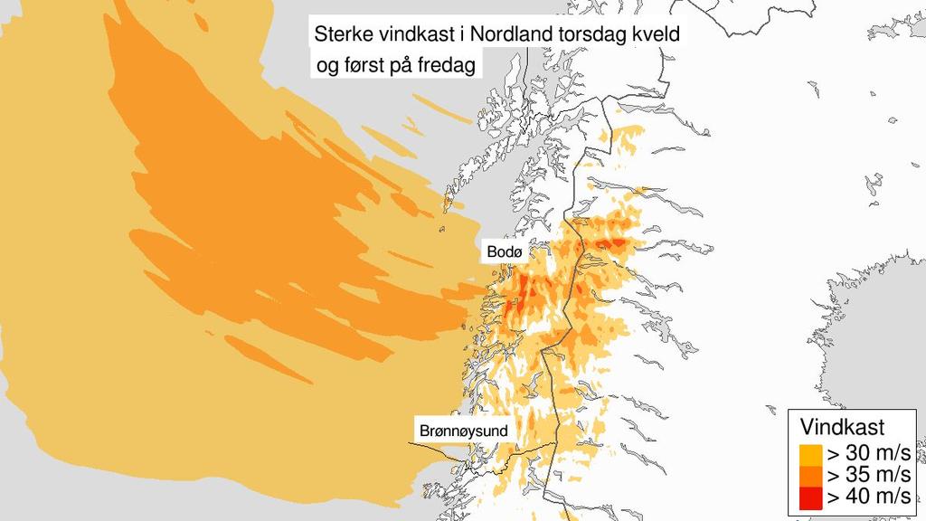 9. januar: Kraftige vindkast, gult nivå, Nordland Torsdag kveld og først på fredag ventes sterke vindkast, lokalt 30-35 m/s. Konsekvenser: Det kan være farlig å ferdes i fjellet.