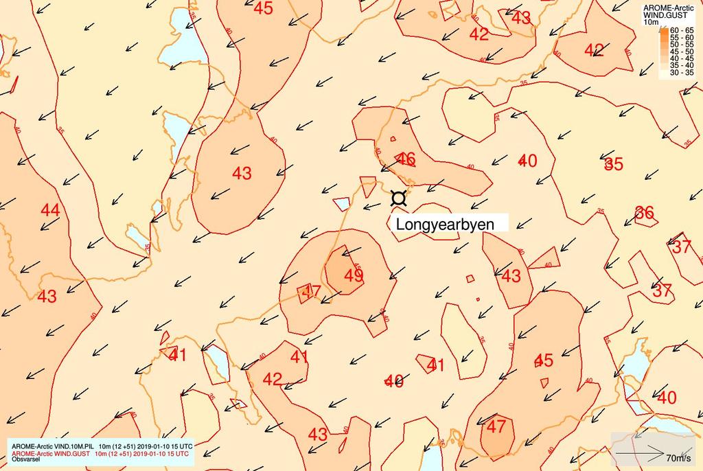 Fig 3. Vindkastprognoser (m/s) for Nordenskiöld Land for prognosene fra 8. januar kl.