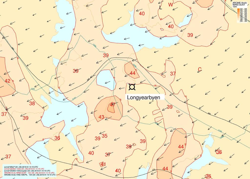 Vindkastverdier over 35 m/s er fargelagt.