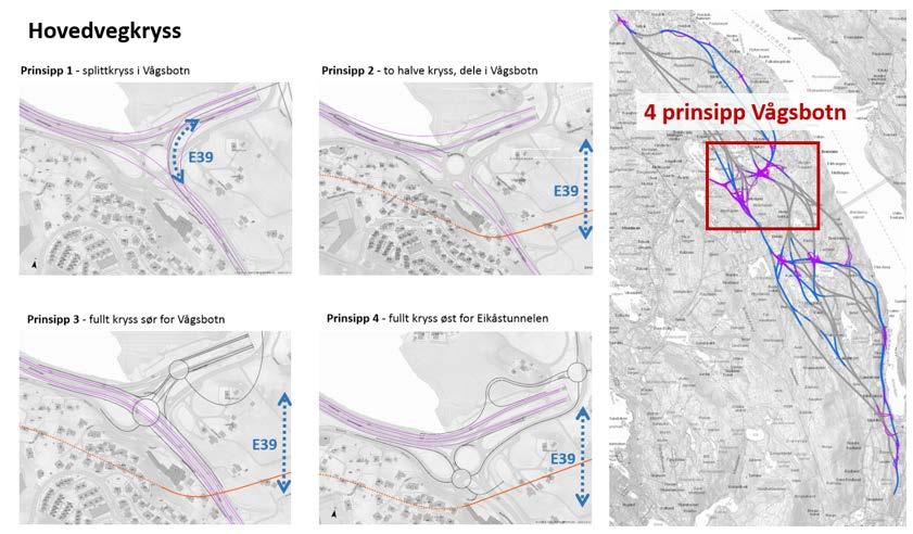 Figur 0-1 Oversikt fire hovedprinsipp for hvordan feltene fra Åsane føres gjennom Vågsbotn til hovedvegkryss med ny omlagt E39 Kryssprinsipp 1 («splittkryss») foreslås silt vekk fordi det gir en