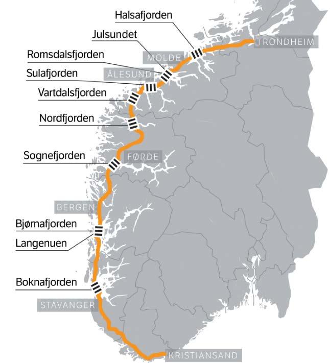 1.3.3 Del av overordnet riksvegnett, ferjefri E39 Strekningen Arna-Vågsbotn-Klauvaneset vil, med omlegging av E39 via Arna, være en del av framtidig overordnet riksvegnett og ferjefri E39.