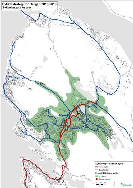 Figur 2-4 Sykkelveger i Åsane og i Arna. Rød linje er hovedrute.