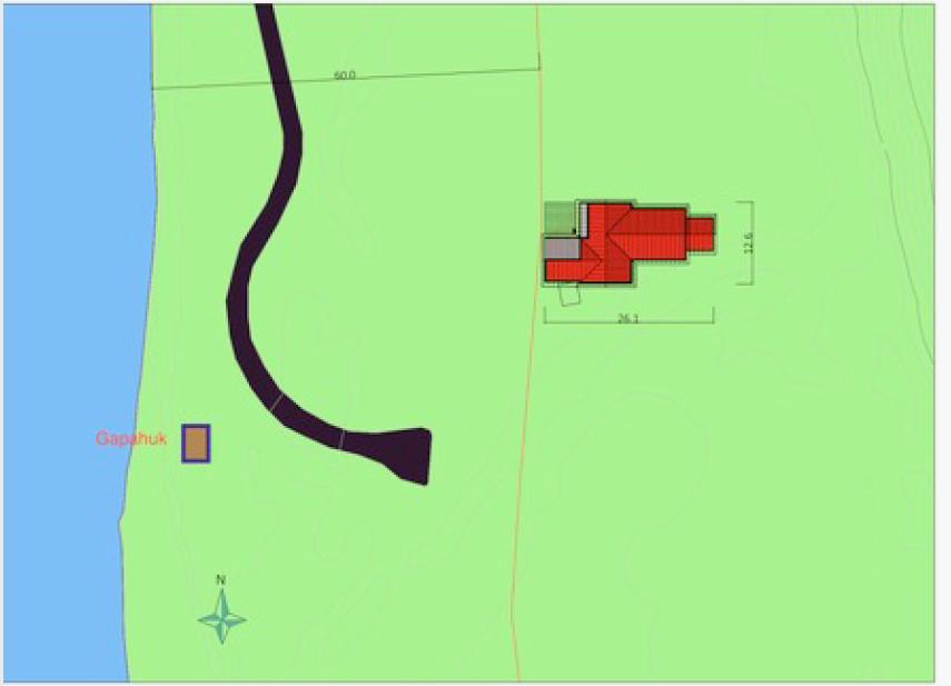 Figur 3 Situasjonsplan (kilde: søknad) Beskrivelse av tiltak Fritidsboligen vil ha et bruksareal på 188 m 2 og et bebygget areal på 232 m 2 og er plassert om lag 60 meter fra Lakselva.