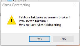 Utskrift Dette vil normalt ikke skje, men noen kan oppleve å få følgende melding når det er flere som skriver ut fakturaer samtidig: Som regel vil faktureringen gå videre uten problem hvis du venter