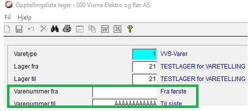 Varelager Varetelling Opptellingsliste fungerer nå med valg fra-til varenummer. Den kan nå også tas ut per varetype så sant firmaet benytter dette.