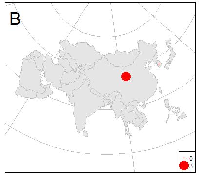 Figur 1. Import av av løvtrevirke (m 3 ) fra Asia i 2017 i form av stokker, kubber, vedtrær eller kvister (A, varenr. 44011200), og treflis eller trespon (B, varenr.