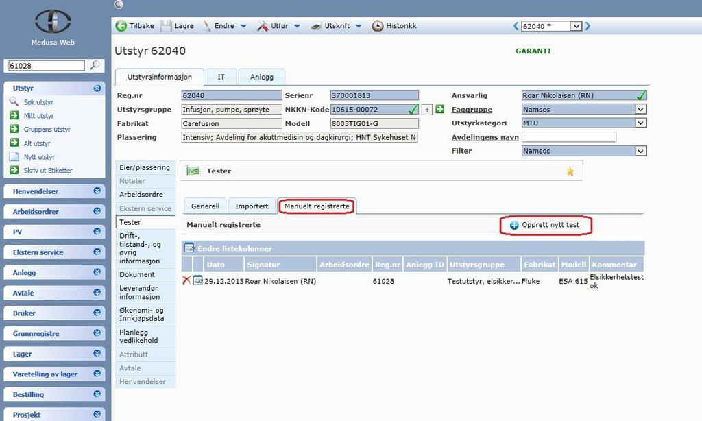 Under manuelt registrerte kan man se tidligere registrerte tester utført på det aktuelle apparatet.