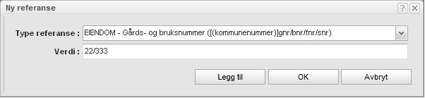 Arbeide med eksisterende saker 101 Dobbeltklikk på relevant rad hvis du ønsker å endre en referanse. Merk at det kan være satt krav til formatet på verdien som skal skrives inn i feltet Verdi, f.eks. åå/nnn for referanse til annen sak.