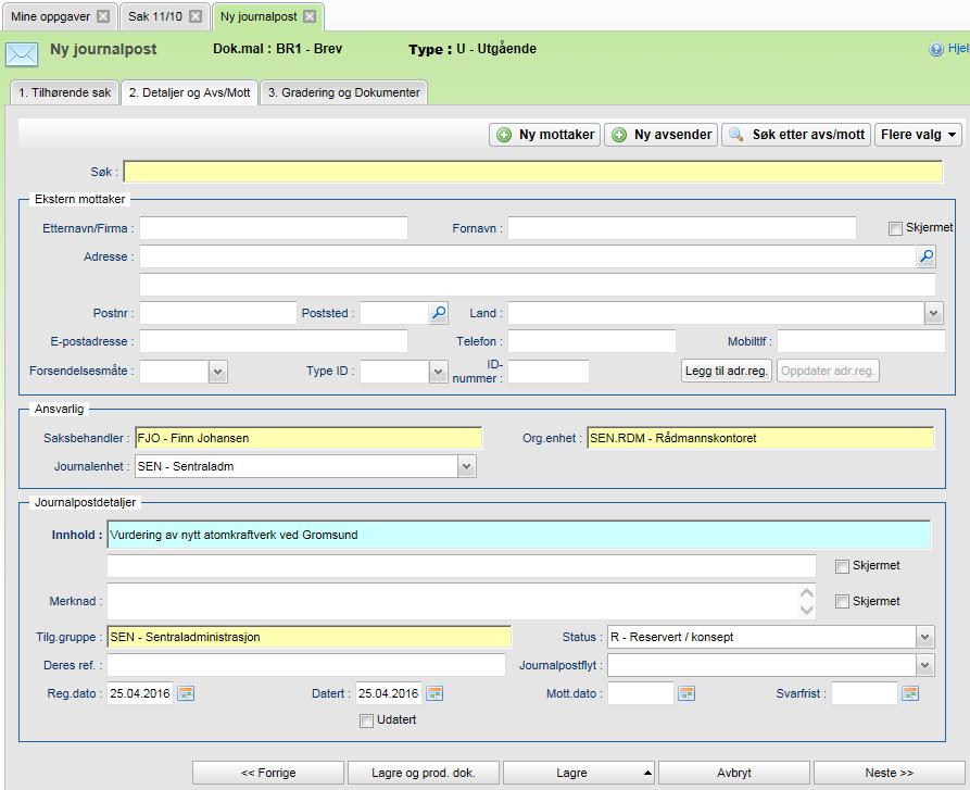 122 Lage en ny journalpost 8.3 Nytt dokument trinn 2: Angi informasjon om registreringen Under fanen Detaljer og Avs/Mott angir du mottaker(e), hvem som er saksbehandler, og andre journalpostdetaljer.