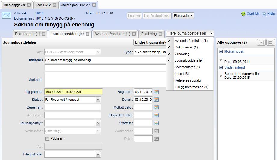 132 Arbeide med eksisterende journalposter nedtrekksliste. Mottakere som ikke er avskrevet blir da avskrevet med den valgte koden. (Avskrives f.eks. med Saken avsluttet (SA).