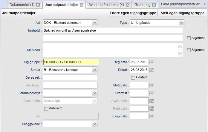 Arbeide med eksisterende journalposter 135 På tilsvarende måte som for en sak presenteres detaljer av journalposten under fanen Journalpostdetaljer. 9.