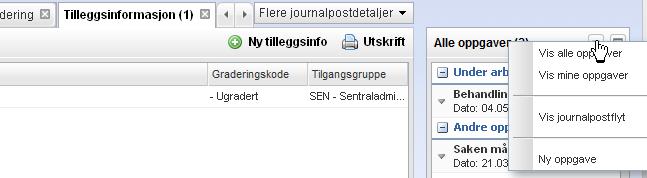 146 Arbeide med eksisterende journalposter I nedtrekkslisten øverst i feltet velger du hvilke oppgaver du vil vise i feltet, og om du vil lage en ny oppgave.