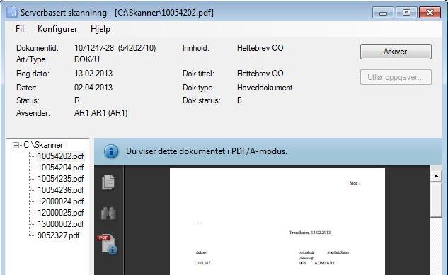 Skanning 193 I hovedvinduet ser du nå det valgte dokumentet: Klikk Arkiver, og neste
