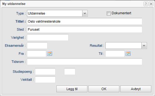 Arbeide med ansettelsessaker 201 Registrering av utdannelse tilsvarer praksis. De viktigste feltene for utdannelse er: Type Alternativene er Utdannelse eller Kurs.