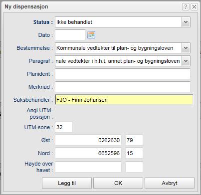 212 Arbeide med byggesaker Status Feltet benyttes for å angi status for dispensasjon. Tillatte alternativer, f.eks. Ikke behandlet eller Godkjent, velges fra en nedtrekksliste.