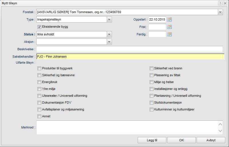214 Arbeide med byggesaker Foretak Foretak knyttet til tilsynet. Tillatte alternativer velges fra en nedtrekksliste. Må være lagt inn (som parter) for at nytt tilsyn kan registreres.