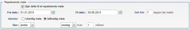 248 Arbeide med møter Den n-te dag hver n-te måned (månedlig) Her velger du f.eks. den første mandag hver måned (1.), eller den andre tirsdag hver andre (2.) måned, osv.