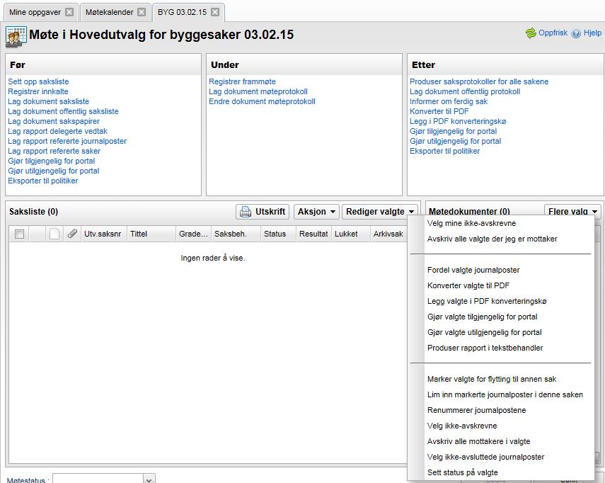 Arbeide med møter 249 16.3 Arbeid før møtet Du kommer inn i dette bildet når du klikker på en dato i møtekalenderen. Fanen til dette bildet viser hvilket utvalg og dato som er valgt.