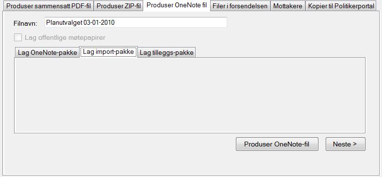 286 Papirløse møter 17.4.2 Lage import-pakke Klikk på Produser OneNote fil for å lage pakkefilen. 17.4.3 Lage tilleggs-pakke Velg den xml-filen som ble brukt for å importere forrige versjon av møtepapirene.