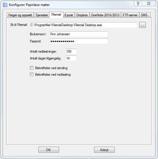 300 Papirløse møter Angi stien til programmet Filemail Desktop.exe. Det ligger normalt på C:\Programfiler\FilemailDesktop (hvis du har norsk Windows).