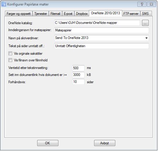 304 Papirløse møter 17.12.6 OneNote 2010/2013 Det er mulig å konfigurere noen settinger for OneNote-genereringen.