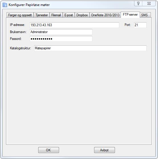 Papirløse møter 305 17.12.7 FTP-server Det er mulig å kopiere filer til en FTP-server. Angi følgende verdier: IP-adresse Angi adressen til FTP-serveren.