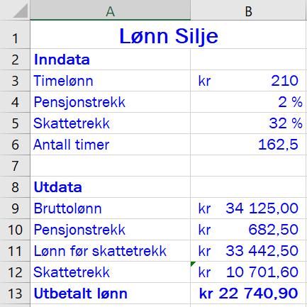 Oppgave 2 (4 poeng) Silje har en timelønn på 210 kroner. Hun betaler 2 % av bruttolønnen i pensjonsavgift og har et skattetrekk på 32 %. En måned arbeidet hun 162,5 timer.