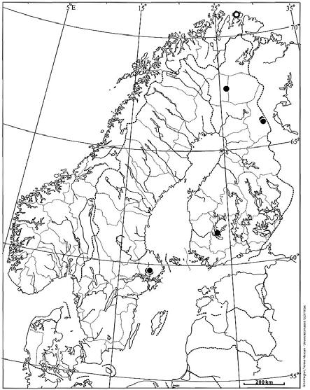 Geir Mathiassen and Alfred Granmo Figure 4. Distribution of Ophiognomonia rosae in Fennoscandia. ᴑ = New find 2008. Map: Ernst Høgtun Tromsø University Museum, 2010.