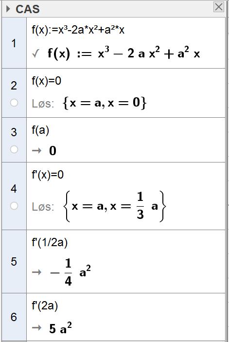 Oppgåve 6 ( poeng) Ein funksjon f er gitt ved Bruk CAS til å f x x ax a x a ( ), 0 vise at grafen til f har eit nullpunkt og eit stasjonært punkt i Pa (, 0) avgjere om P er eit toppunkt, eit