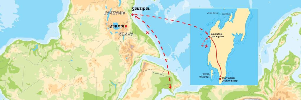 Dagsprogram Dag 1: Avreise fra Norge Dere reiser fra Norge og setter kursen mot Zanzibar. På veien er det et flybytte, og dere er fremme på ferieøya i morgen.