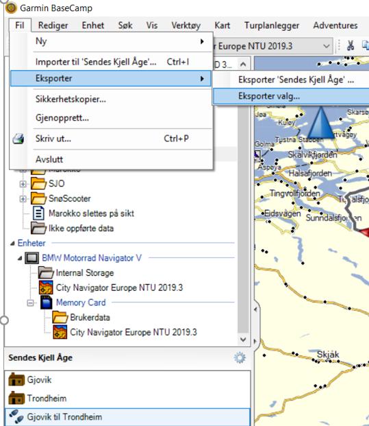 Sende ruta til en kamerat I BaseCamp: Omgjør ruta til spor: høyre-klikke på ruta og velg «Opprett spor fra valgte rute» Marker sporet (og eventuelt aktuelle veipunkter) Trykk Fil, Eksporter,
