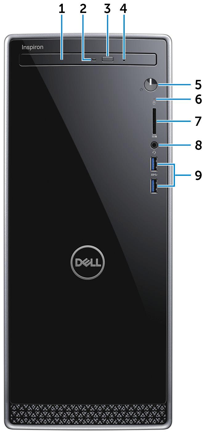 3 Visninger av Inspiron 3670 Front 1 Optisk stasjon Leser fra og skriver til CD-er og DVD-er. 2 Aktivitetslampe for optisk stasjon Slås på når datamaskinen leser fra eller skriver til optisk disk.