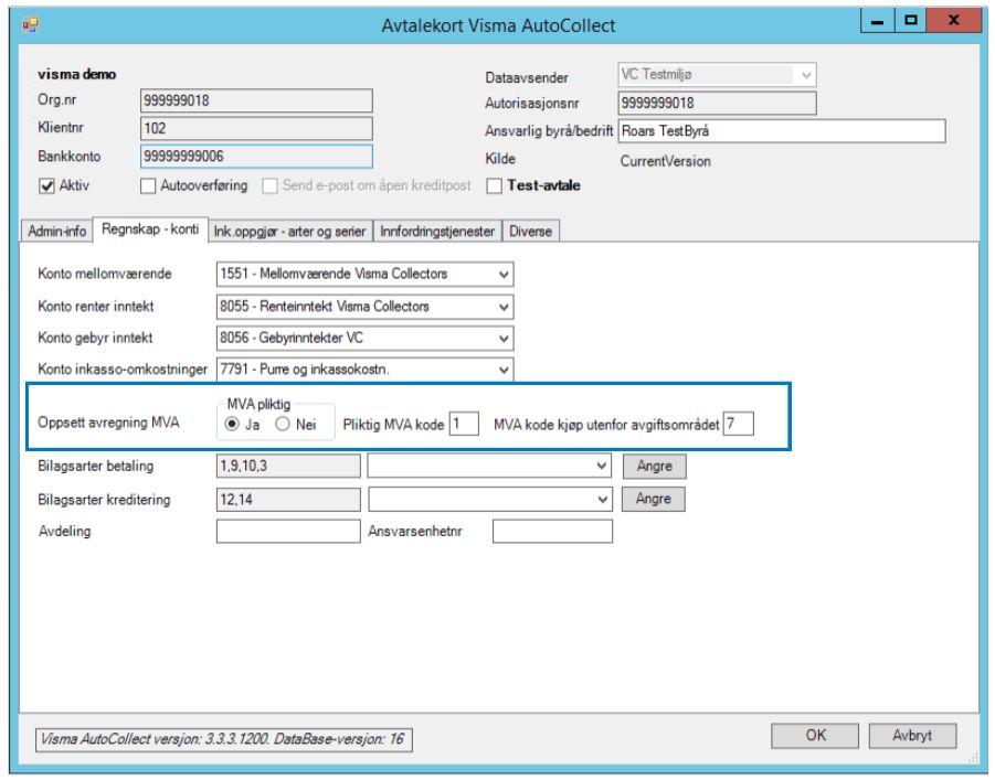 Oppsett Avregning MVA 3 Avtalebildet i AutoCollect er endret slik at man definerer inn om en klient er MVA-pliktig eller ikke.