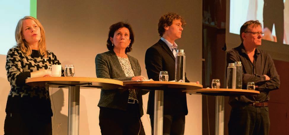 Fra venstre: Kirsti Bergstø (SV), Bente Stein Mathisen (H), Fredric Holen Bjørdal (A) og Jens Petter Gitlesen (NFU). Foto: Jarle Eknes.