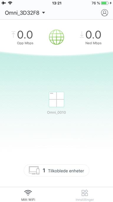 Bruk av Omni WiFi appen (side 1 av 3) Omni WiFi appen er delt inn Mitt WiFi og Innstillinger. 1. Mitt WiFi viser hjem-skjermen som vist til høyre. 2.