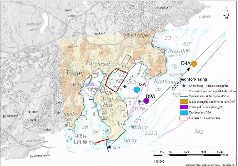 Figur 1. Dumpested D3A (blå sirkel) og omsøkt reserve dumpested D4A (oransje sirkel).