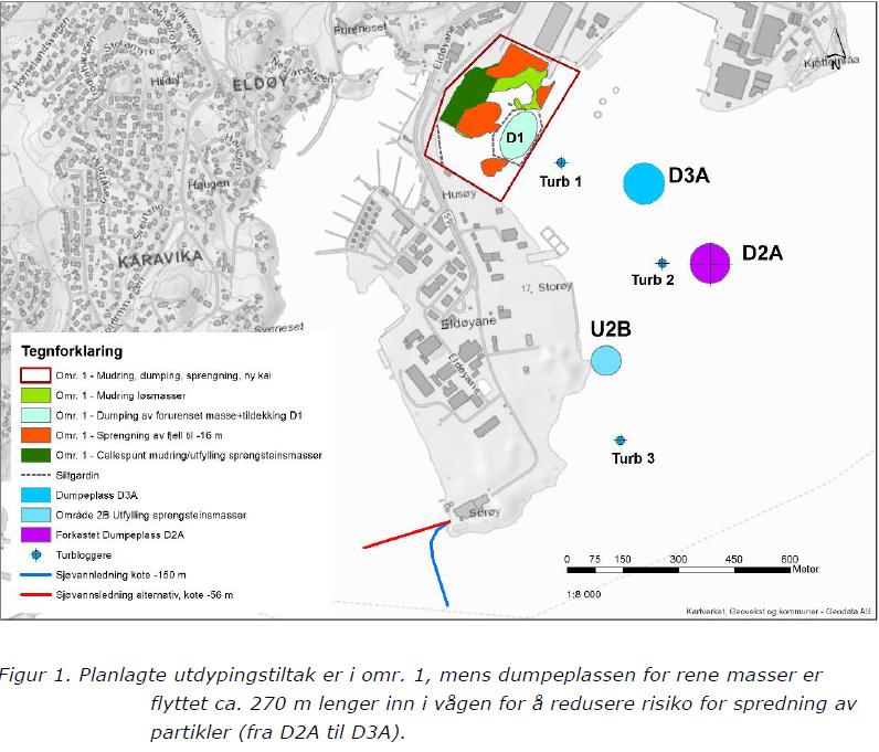 Om massene som skal mudres, sprenges, dumpes og utfylles (mengden masser er anslag) a) Forurensede masser 10 000 m 3 lysegrønt areal i figuren De forurensede massene som skal mudres er undersøkt for