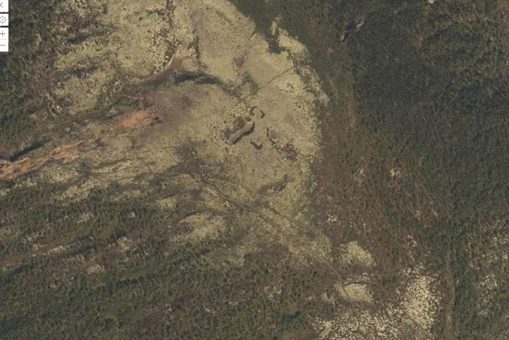 Kartutsnitt 2: Flyfoto som viser terreng der kjøring til borehull 1 er omsøkt (Åkerhaugen).