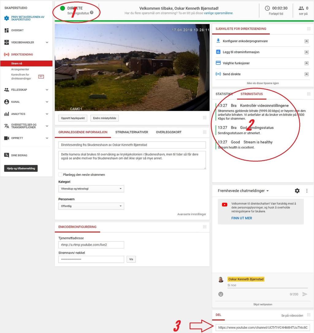 Nå kan du gå inn på Youtube Skaperstudio: https://www.youtube.com/live_dashboard De forskjellige punktene du må sjekke opp er: 1: Her skal det helst lyse grønt for best kvalitet.