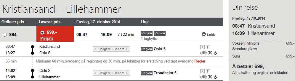 Oppgåve 2 (4 poeng) Anna skal reise med tog frå Kristiansand til Lillehammer. Ho bestiller reisa på www.nsb.no, slik som figuren under viser.