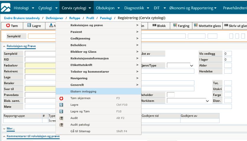 Pålogging til Kreftregisterets database Den nye funksjonen Ekstern