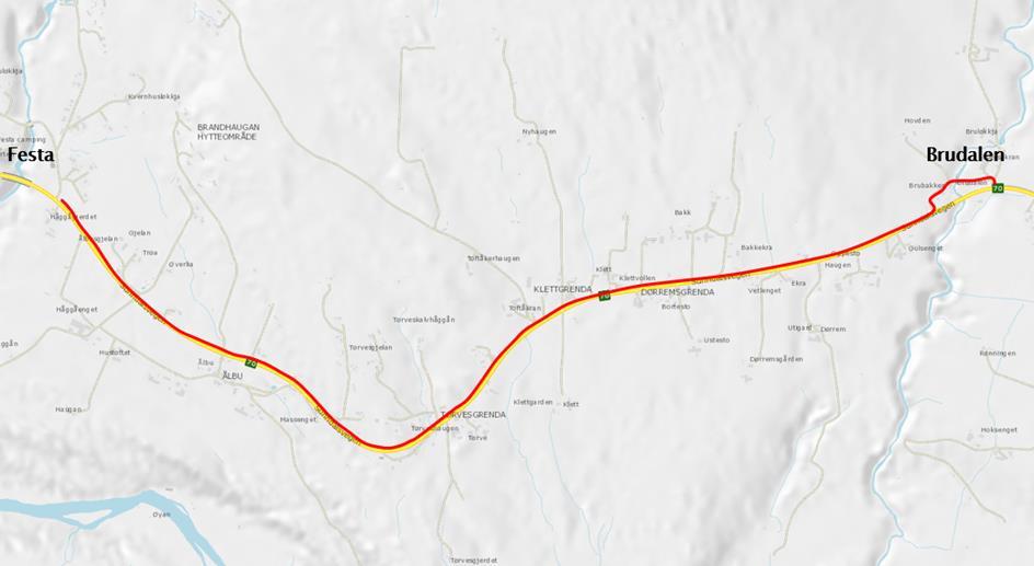70 Oppdal - Sunndalsøra - gang- og sykkelveg Brudalen - Festa Statens vegvesen skal i samarbeid med Oppdal kommune, utarbeide detaljreguleringsplan for ny gang- og sykkelveg på strekningen Brudalen