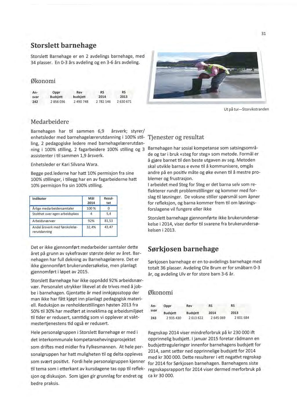 31 Storslett barnehage Storslett Barnehage er en 2 avdelings barnehage, med 34 plasser. En 0-3 års avdeling og en 3-6 års avdeling.