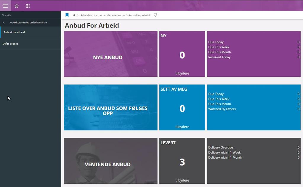 Venstre kolonne inneholder en navigator med valgene «Anbud for arbeid» og «Utfør arbeid». Starsiden er «Anbud for arbeid».