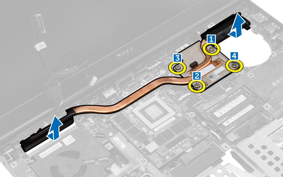 Ta ut varmeavlederen 1. Følg prosedyrene i Før du arbeider inne i datamaskinen. 2. Ta av: a. batteri b. bunndeksel c. tastaturramme d. tastatur e. optisk stasjon f. primær og sekundær harddisk g.