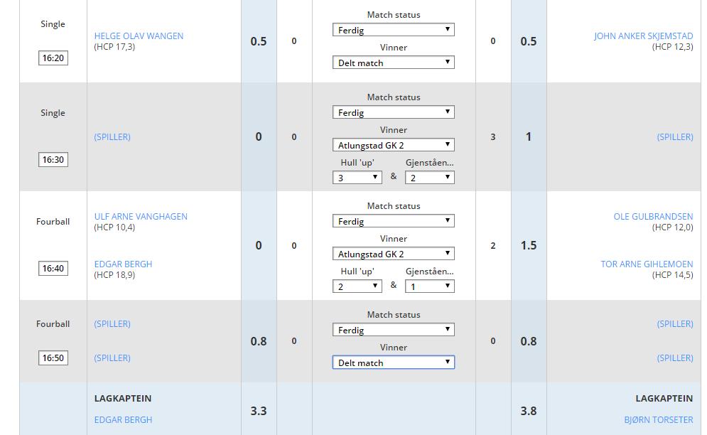 Så gjør du tilsvarende for den andre singlematchen og for fourballmatchen. Når du søker på lagleder (lagkaptein) kan du søke på medlemsnummer eller bare ganske enkelt skrive navnet.