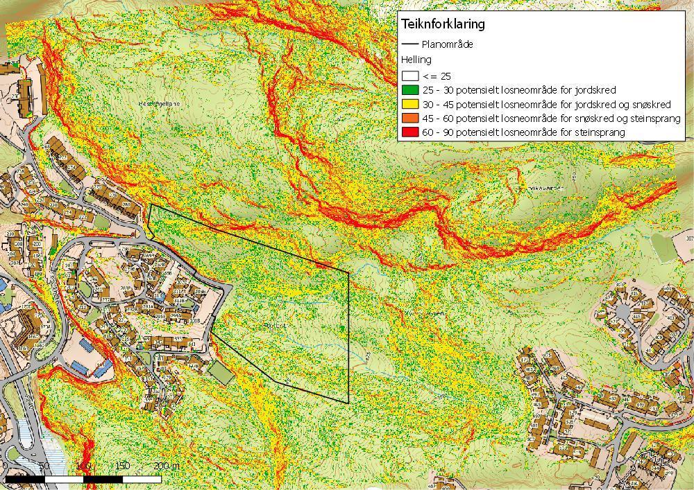 Figur 9: Hellingskart for der det er markert eit potensielt losneområde for snøskred er markert (ellipse). Det er tett skog i dette området i dag. 3.