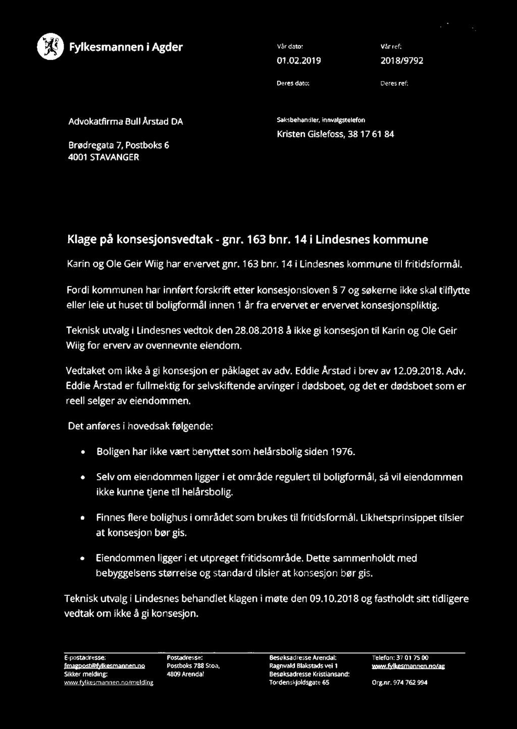 \g/zl SQ) % Fylkesmannen i Agder Vår dato: Våref: 01.02.