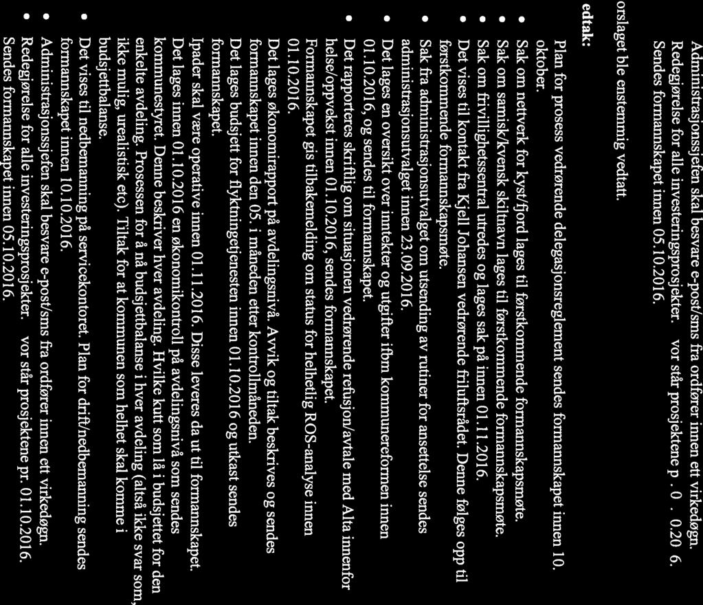 Administrasjonssjefen skal besvare e-post/sms fra ordfører innen ett virkedøgn. Redegjørelse for alle investeringsprosjekter. Hvor står prosjektene pr. 01.10.2016. Sendes fonnannskapet innen 05.10.2016. Forslaget ble enstemmig vedtatt.